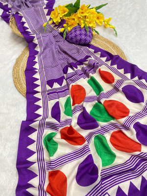 TRUORIGIN Printed Bollywood Crepe, Silk Blend Saree(Purple)