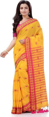 SSK Striped, Embroidered, Woven Bollywood Handloom Cotton Blend Saree(White)