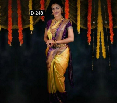 SHOPDROP Woven Kanjivaram Pure Silk Saree(Yellow)