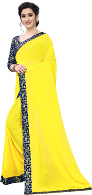 Queen worth Solid/Plain Bollywood Georgette Saree(Yellow, Dark Blue)