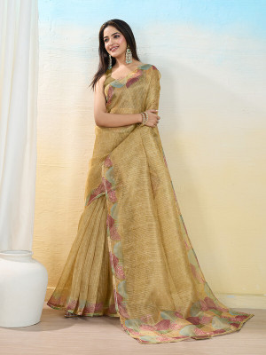Divastri Digital Print, Printed, Embellished Bollywood Organza Saree(Beige)