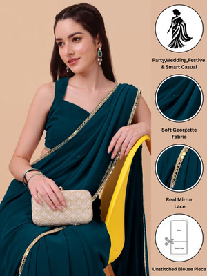Rensa Solid/Plain Kasavu Georgette Saree(Light Blue)