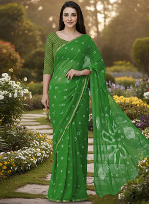 VIOUR Tie-Dye Bandhani Chiffon Saree(Green)