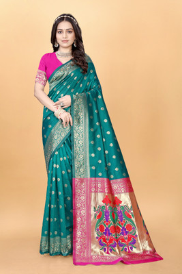 DHAYNAAND REEWA FASHION Woven Paithani Silk Blend Saree(Multicolor)