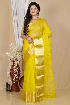 DipDiya Embellished, Solid/Plain, Woven Handloom Cotton Blend Saree(Yellow)