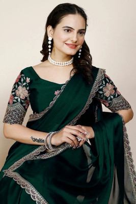 Pionex Embroidered Bollywood Silk Blend Saree(Dark Green)