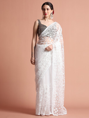 Jaipur Kurti Embroidered Bollywood Net Saree(White)