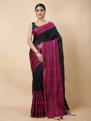 ADbutiq Self Design Bollywood Cotton Blend Saree(Black, Pink)