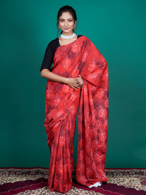 BUTA BUTI Floral Print Daily Wear Pure Cotton Saree(Red)