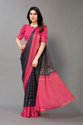 VISIONEMBRO Printed Bollywood Brasso Saree(Black, Pink)