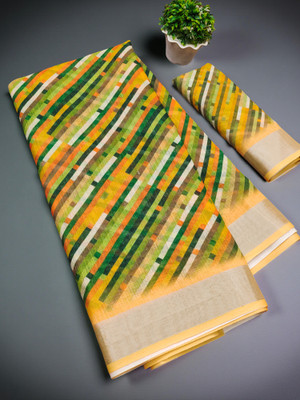 Drujha Digital Print Daily Wear Cotton Linen Saree(Orange, Green)