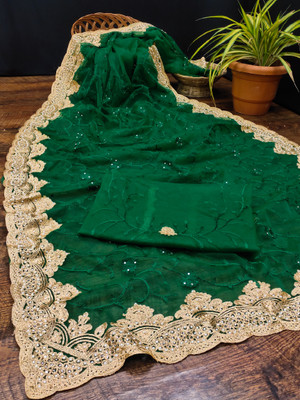 KHRITI FAB Embroidered, Floral Print Bollywood Net Saree(Green)