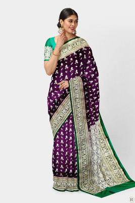 SHRI NAARI Woven Banarasi Jacquard Saree(Purple, Green)