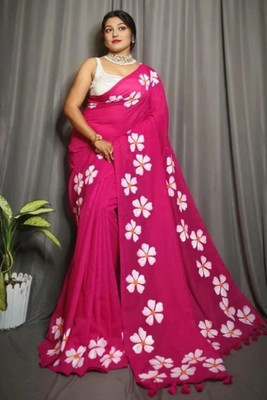 Shubharam Floral Print, Printed Bollywood Linen, Cotton Blend Saree(Pink)