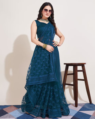 LADY SHOPI Embroidered Bollywood Net Saree(Dark Blue)