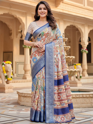 ZAMUNA Digital Print, Floral Print, Woven, Animal Print Banarasi Tussar Silk, Linen Saree(Cream)