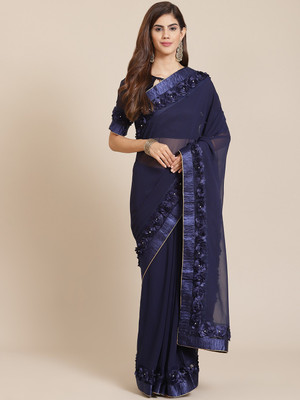 Divastri Solid/Plain Bollywood Georgette Saree(Dark Blue)