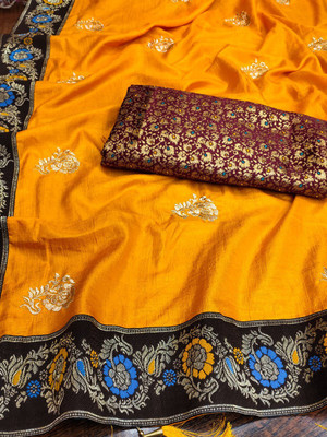 Sucikarman Embroidered Bollywood Jacquard, Silk Blend Saree(Yellow)