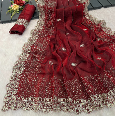 LAJEELEE Embroidered Bollywood Jimmy choo Saree(Red)