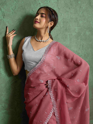 Tasrika Embroidered, Solid/Plain Bollywood Georgette Saree(Pink)