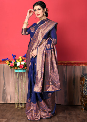 ESOMIC Solid/Plain Banarasi Pure Silk Saree(Blue)