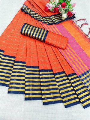 Divastri Checkered Assam Silk Cotton Silk Saree(Orange)