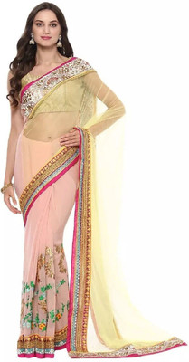 ROOP SUNDARI SAREES Embroidered Bollywood Georgette, Net Saree(Pink, Yellow)