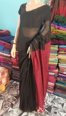 Tantikatha Solid/Plain Handloom Pure Cotton Saree(Black)