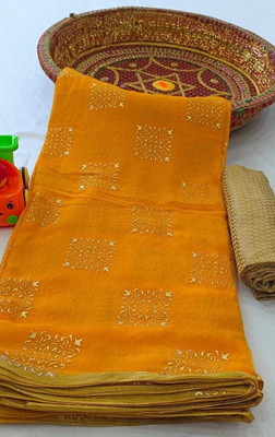 HouseOfCommon Printed, Woven Daily Wear Net, Chiffon Saree(Yellow)