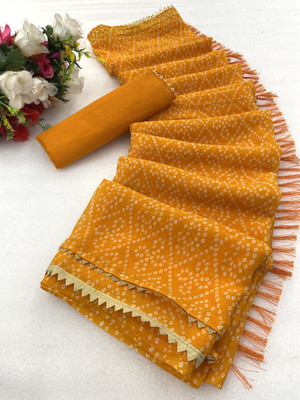 PRETTYAGE Printed, Solid/Plain Bandhani Georgette Saree(Mustard)