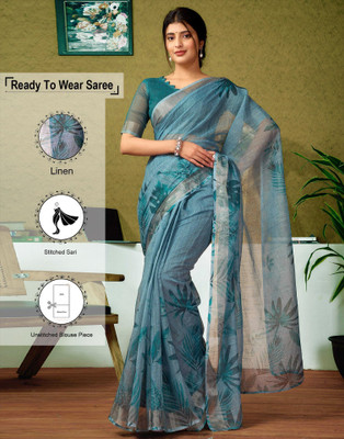 Samah Printed Bollywood Linen Saree(Blue)