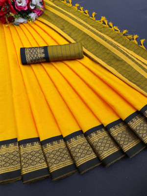 KanjiQueen Checkered Jamdani Silk Blend, Cotton Blend Saree(Mustard, Black)