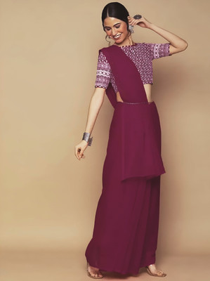HouseOfCommon Solid/Plain Bollywood Georgette Saree(Maroon)