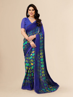 Moda Rapido Embellished, Polka Print Bollywood Georgette Saree(Blue)