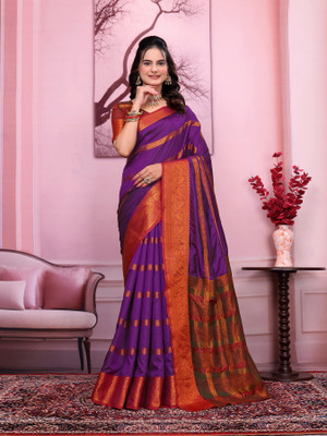 Banaras silk palace Woven Banarasi Silk Blend, Satin Saree(Purple)