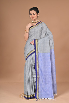 BalikaTextile Solid/Plain Handloom Cotton Blend Saree(Grey)