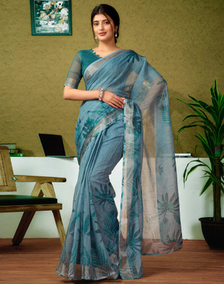 Divastri Digital Print, Floral Print, Embellished Bollywood Linen Saree(Blue)