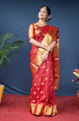 Sindharat Fashion Woven Kanjivaram Jacquard, Cotton Silk Saree(Red)