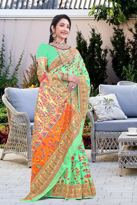Wovenza Self Design, Woven Bollywood Cotton Blend, Semi-Pashmina Saree(Light Green)