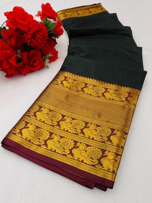 chiragshop Woven Banarasi Cotton Silk, Jacquard Saree(Black, Gold)