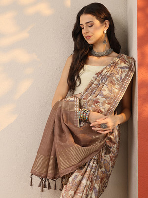 LIBAS Printed Daily Wear Silk Blend Saree(Brown)
