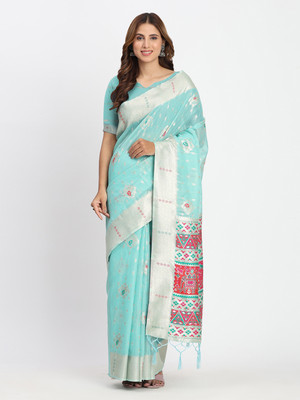 ASTITA Printed Bollywood Linen Saree(Light Blue)