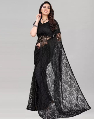 Vragi Floral Print Bollywood Net Saree(Pack of 2, Black)