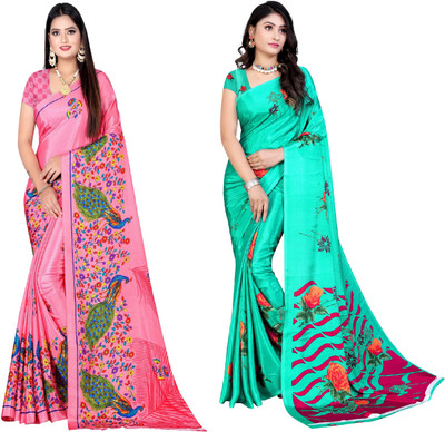 Leelavati Printed Bollywood Crepe Saree(Pack of 2, Pink, Blue)