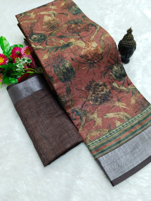 HouseOfCommon Floral Print Bollywood Pure Cotton, Cotton Linen Saree(Multicolor)