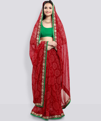 Jaanvi Fashion Printed Bandhani Chiffon Saree(Red, Green)