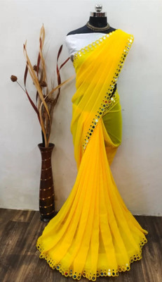 ZENFAB THREADS Solid/Plain Bollywood Georgette Saree(Yellow)