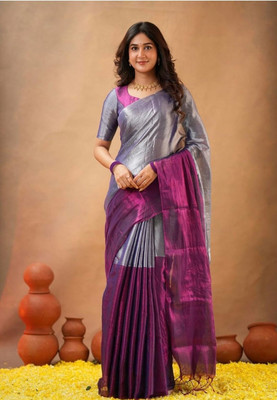 Ilasarecenter Solid/Plain Handloom Handloom Pure Cotton Saree(Magenta, Grey)