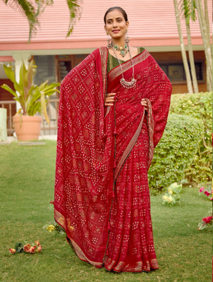 Tasrika Printed Bandhani Chiffon Saree(Red)