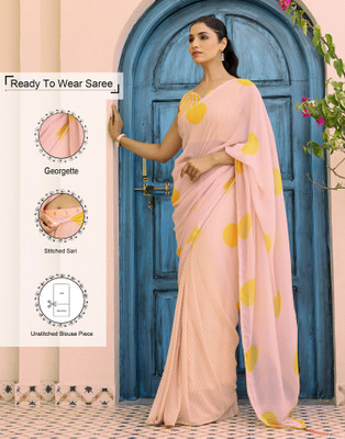 Samah Polka Print, Printed, Embellished Bollywood Georgette Saree(Cream)